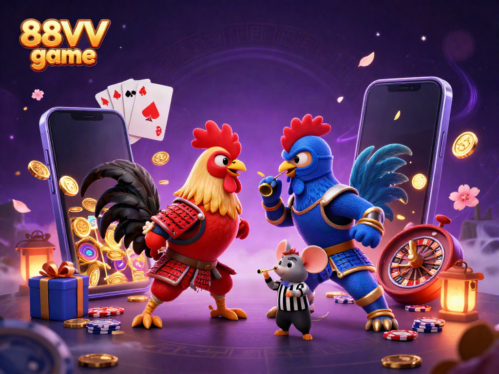 Witness an exhilarating 88VV game showdown with dynamic roosters, casino elements, and vibrant action!