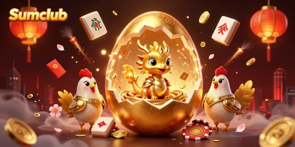 Experience thrilling adventures at Sumclub casino with a golden dragon and poker chips illustration.