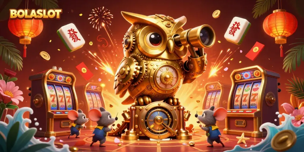 BOLASLOT slots scene featuring an animated golden owl, slot machines, and festive decorations