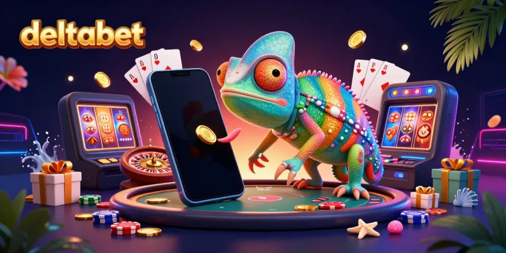 Permainan kasino menyenangkan ditampilkan dengan deltabet dan chameleon berwarna cerah.