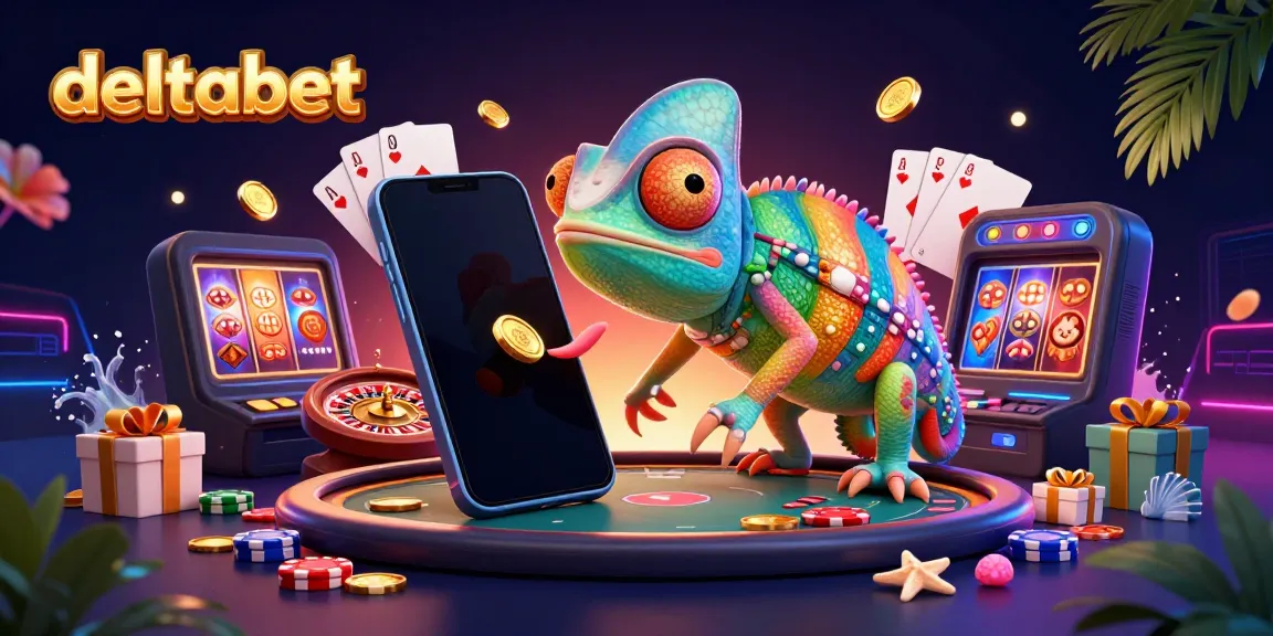 Permainan kasino menyenangkan ditampilkan dengan deltabet dan chameleon berwarna cerah.