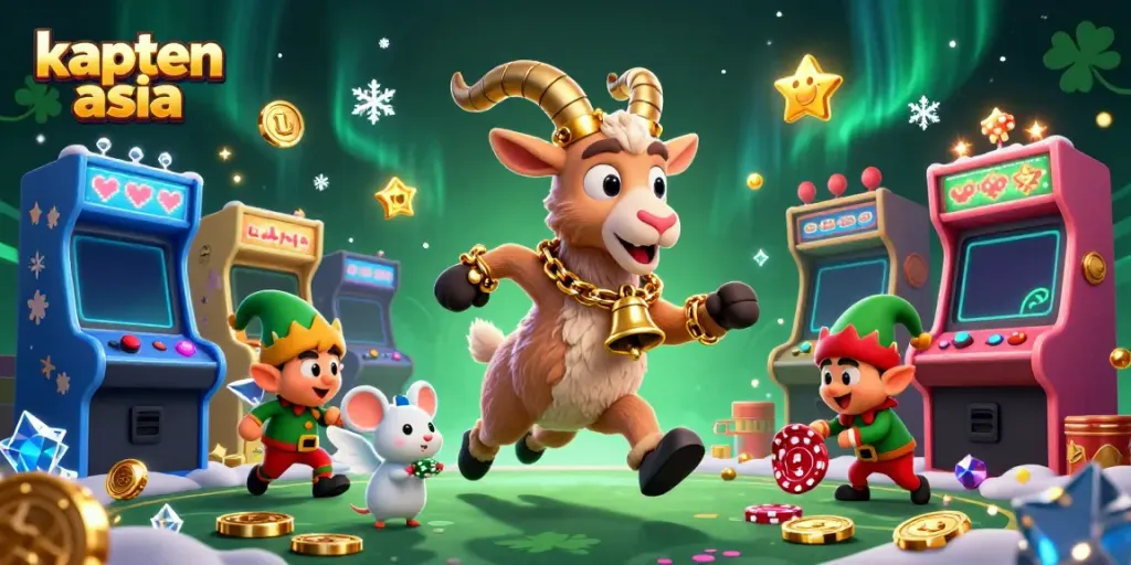 kapten asia mengelola kasino dengan suasana meriah dan karakter lucu dalam ilustrasi 3D
