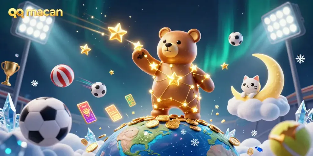 Engage with qq macan in a vibrant casino scene filled with gold coins and dynamic sports elements.