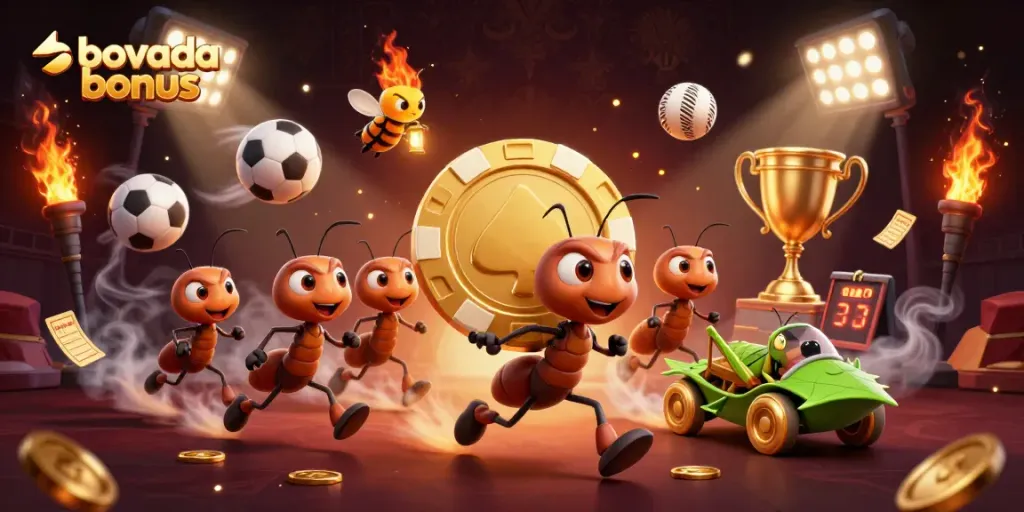 Catch the bovada bonus on a thrilling adventure with ants carrying a massive chip through a dynamic gambling scene.