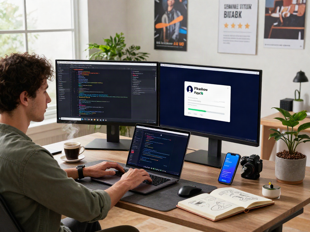 Pikashow APK interface on a laptop in a dynamic tech workspace, showcasing coding and installation guide elements.