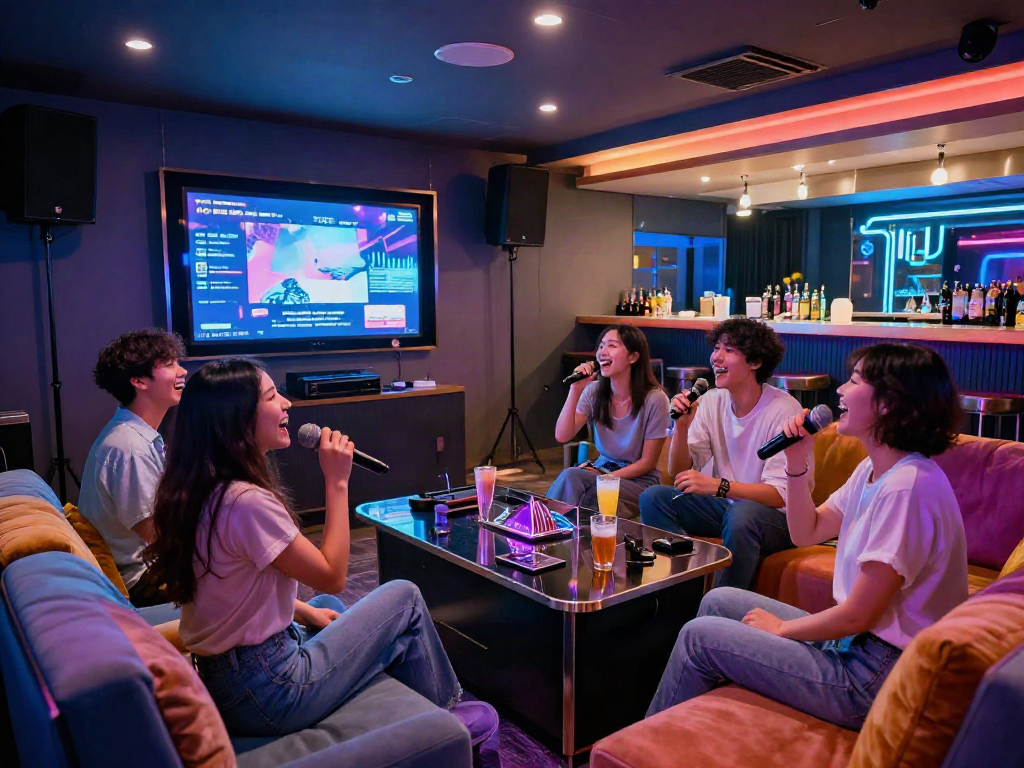 강남 달토의 즐거운 가라오케 룸에서 친구들이 노래를 부르고 있는 모습