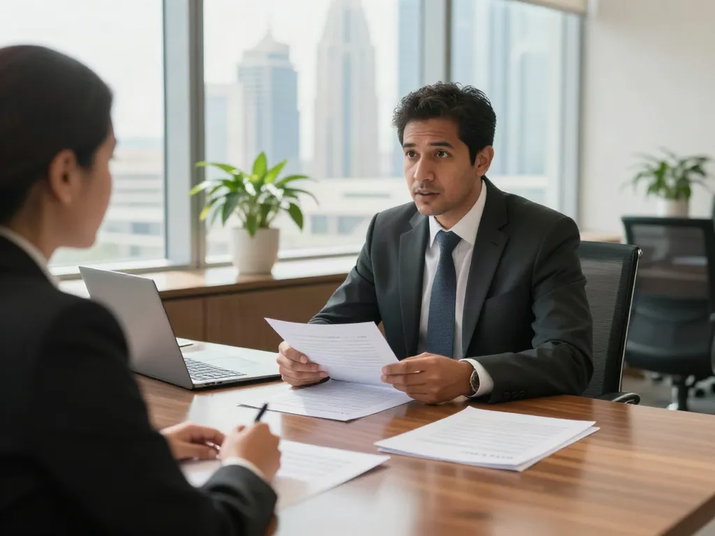 Extradition lawyer Dubai consulting with a client in a modern office.