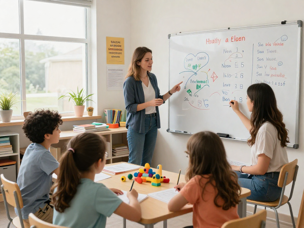 Math and English tutors engaging students in a bright classroom filled with educational materials.
