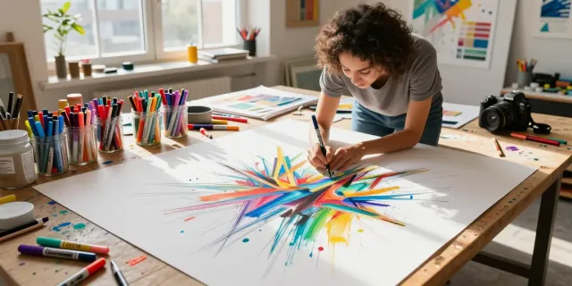 Vibrant studio scene with diverse markers wholesale, artist sketching on paper surrounded by colorful tools.