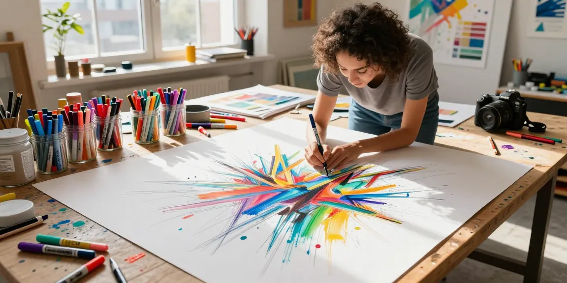 Vibrant studio scene with diverse markers wholesale, artist sketching on paper surrounded by colorful tools.