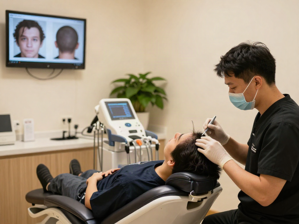 Hair transplant Istanbul procedure in a calm clinic setting with skilled practitioner.