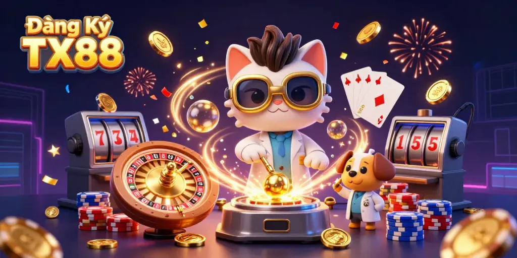 Engage in gaming action with Đăng Ký TX88, featuring a cartoon scientist and dog amidst gold coins and casino elements.