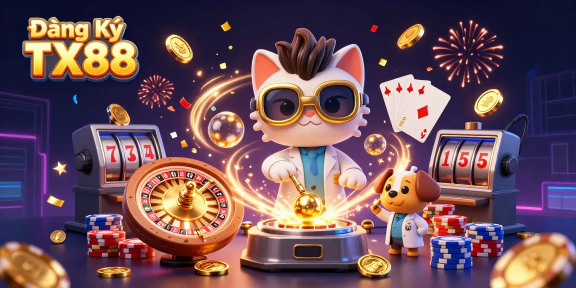 Engage in gaming action with Đăng Ký TX88, featuring a cartoon scientist and dog amidst gold coins and casino elements.