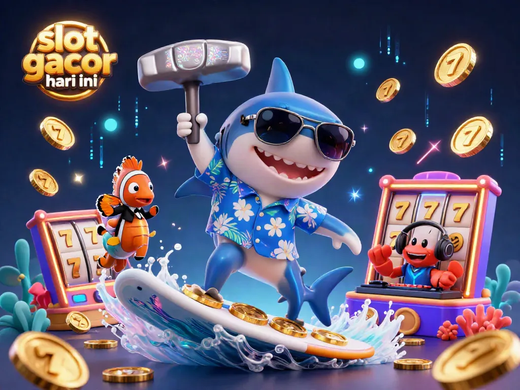 Menang slot gacor hari ini dengan ilustrasi 3D yang menampilkan makhluk laut animasi dan simbol mesin slot berkilau.