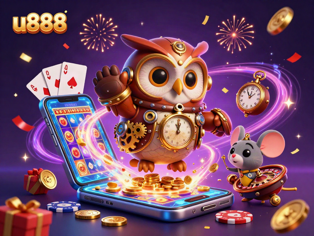 Experience thrilling gaming with u888, featuring a lively owl and mouse at a vibrant casino scene.