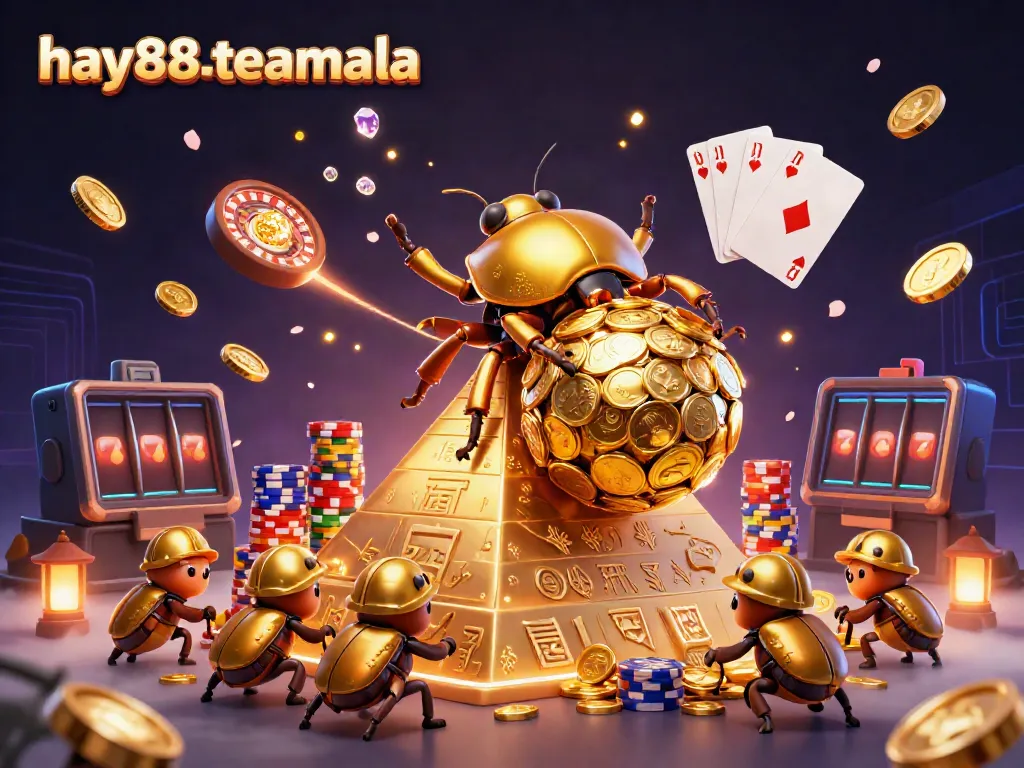 Experience the thrill of hay88-teamala as golden beetles roll coins amid dynamic casino symbols.