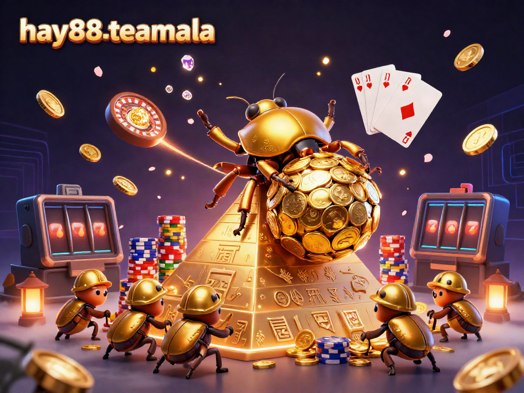 Experience the thrill of hay88-teamala as golden beetles roll coins amid dynamic casino symbols.