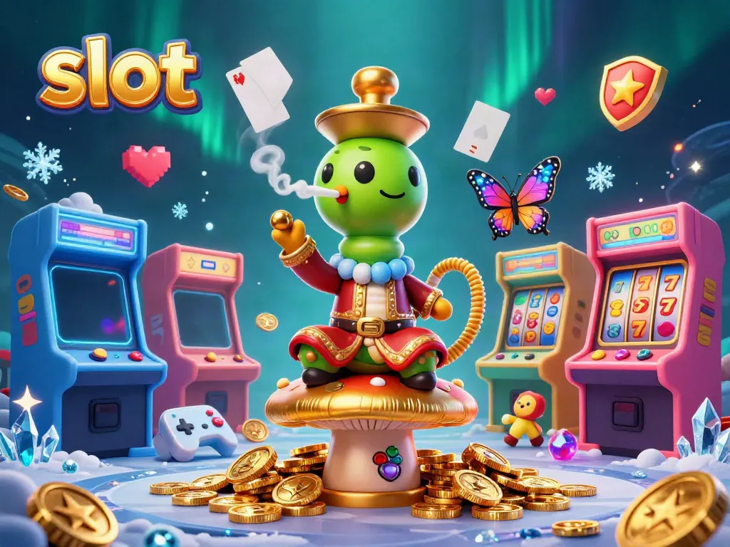 Mesin slot interaktif dikelilingi karakter kartun dalam ilustrasi 3D hingga mendetail dengan efek visual berkilau.