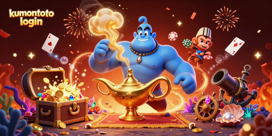 Kumontoto login illustration featuring a blue genie, monkey, and colorful casino elements amidst vibrant visuals.
