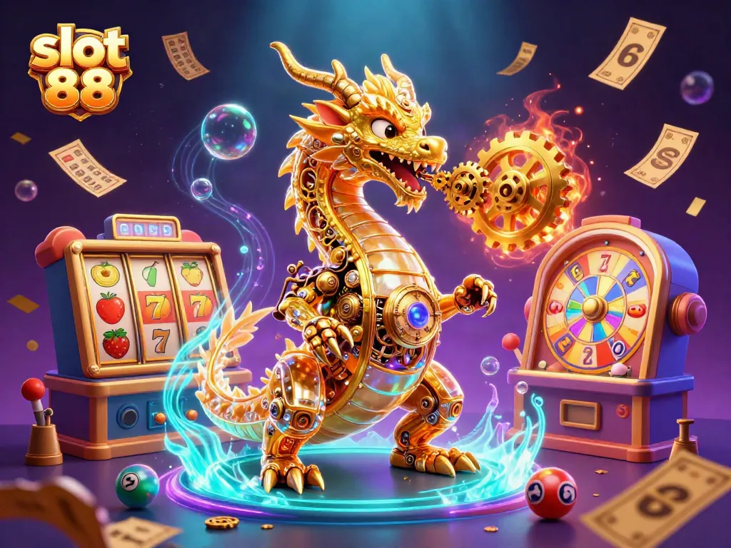Experience thrilling slot 88 gameplay with vibrant scenes of golden dragons and jackpot excitement.