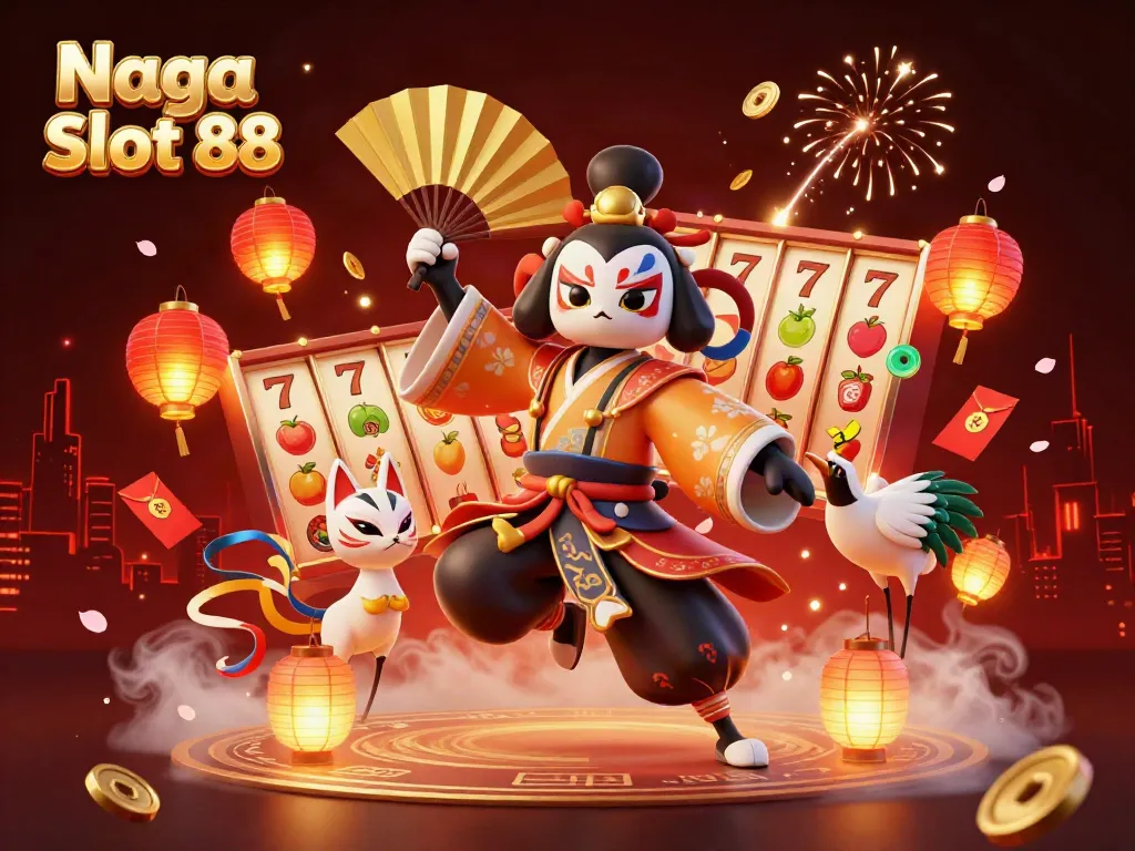 Naga Slot 88 showcases a vibrant, dynamic scene with a kabuki warrior and kitsune mask in a casino atmosphere.