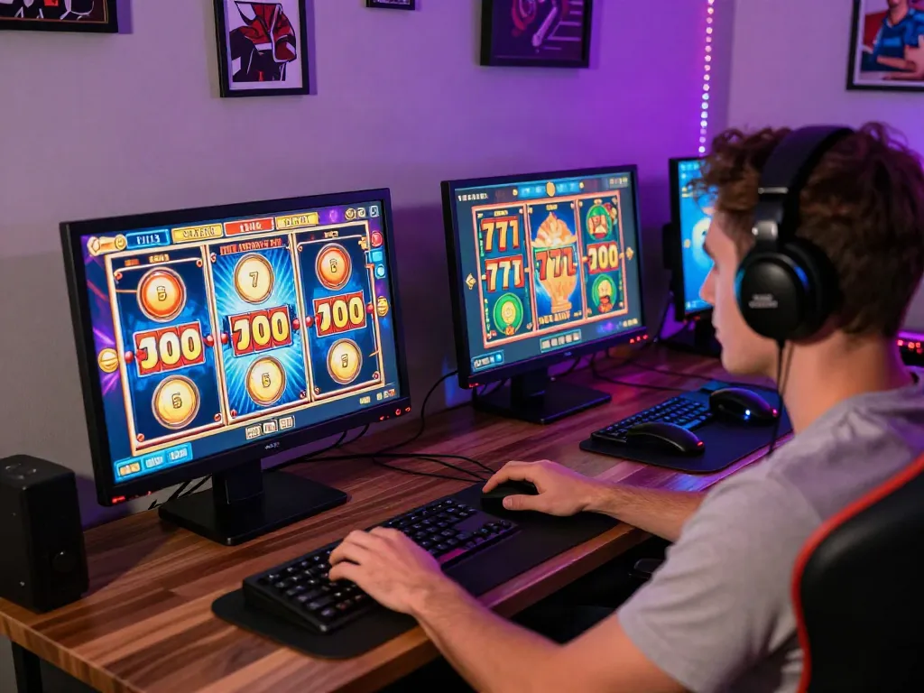 Permainan slot777 online yang mengasyikkan di PC, dilengkapi antarmuka kemenangan yang cerah dan peralatan gaming modern.
