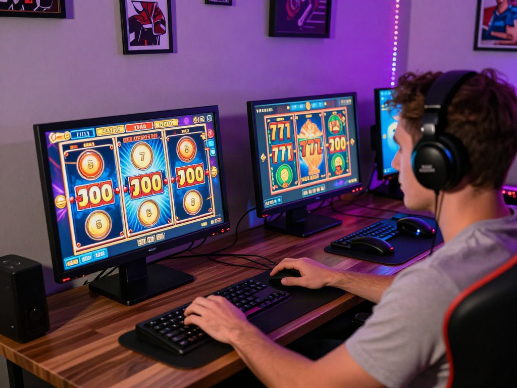 Permainan slot777 online yang mengasyikkan di PC, dilengkapi antarmuka kemenangan yang cerah dan peralatan gaming modern.