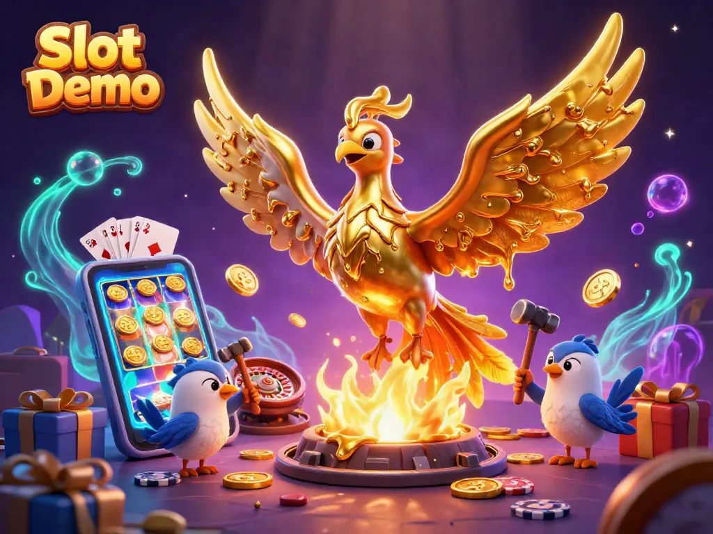 Experience Slot Demo excitement with vibrant illustrations of a gilded phoenix, gaming elements, and rich casino themes.