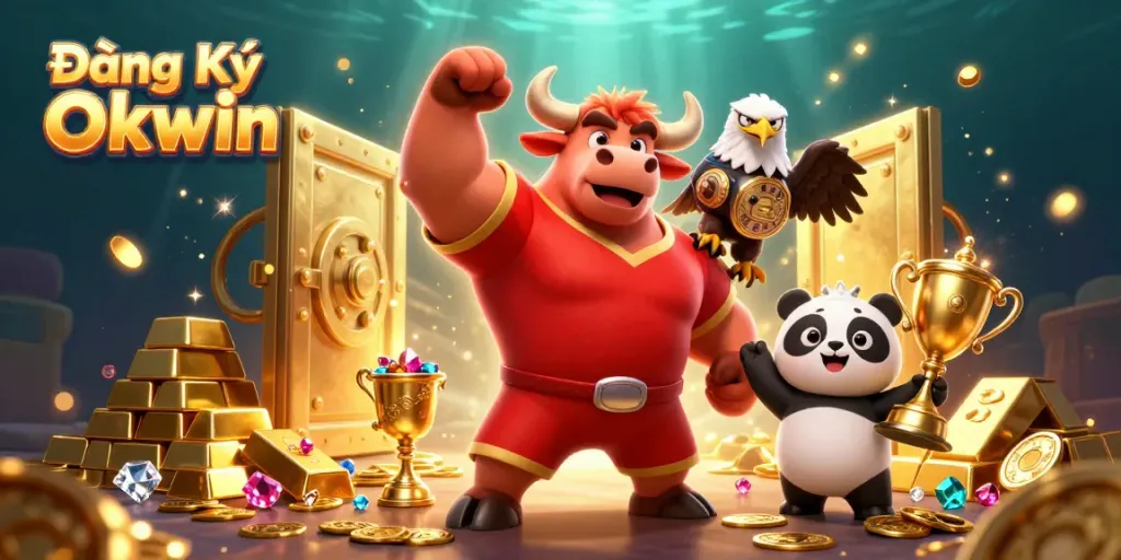 Engage in the thrilling atmosphere of Đăng Ký Okwin while celebrating with a muscular bull mascot, eagle, and panda surrounded by treasures.