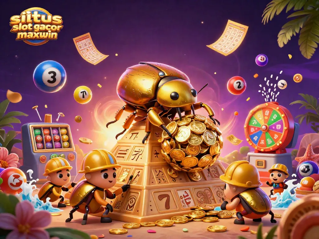 Engage with situs slot gacor maxwin, featuring a vibrant scene of gold coins, lotteries, and interactive gaming elements.