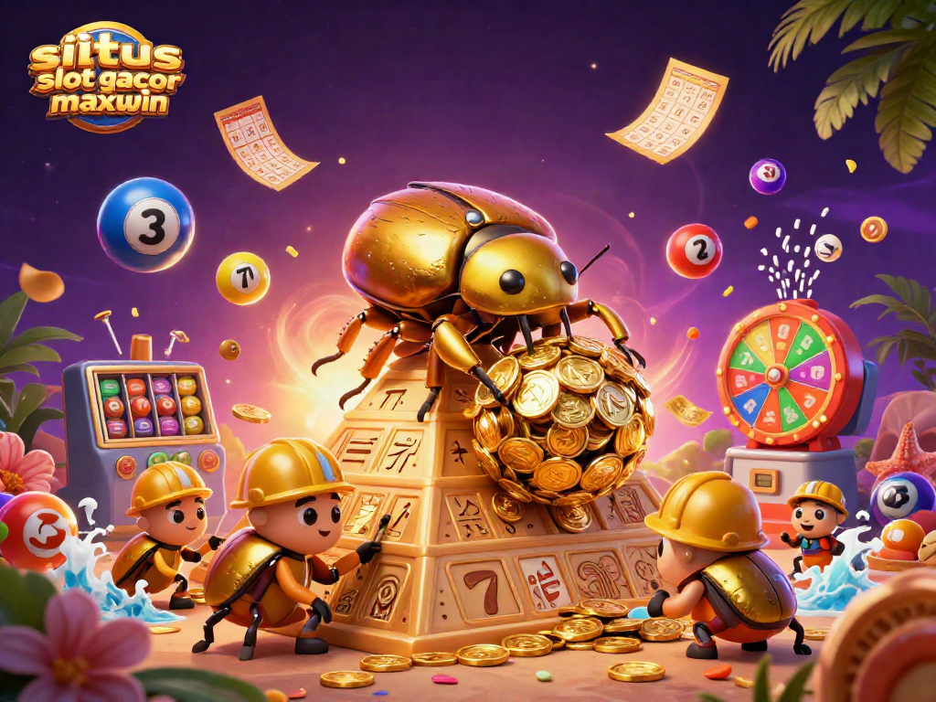 Engage with situs slot gacor maxwin, featuring a vibrant scene of gold coins, lotteries, and interactive gaming elements.