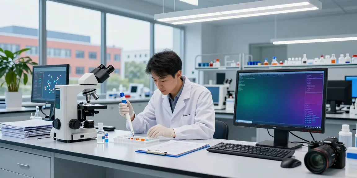 Scientist researching Cartalax peptide in a modern lab setting with high-tech equipment and analytical tools.