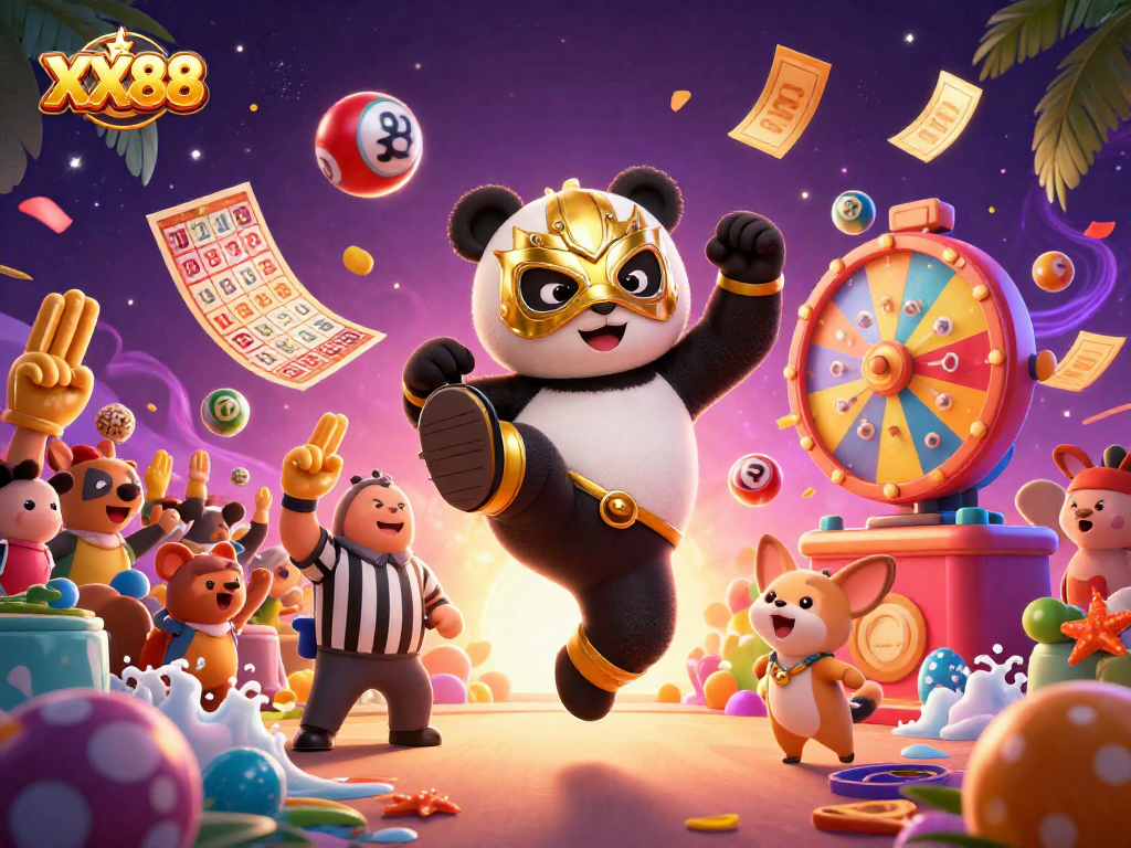 Experience the excitement of XX88 with a vibrant casino scene featuring animated characters and dynamic game elements.