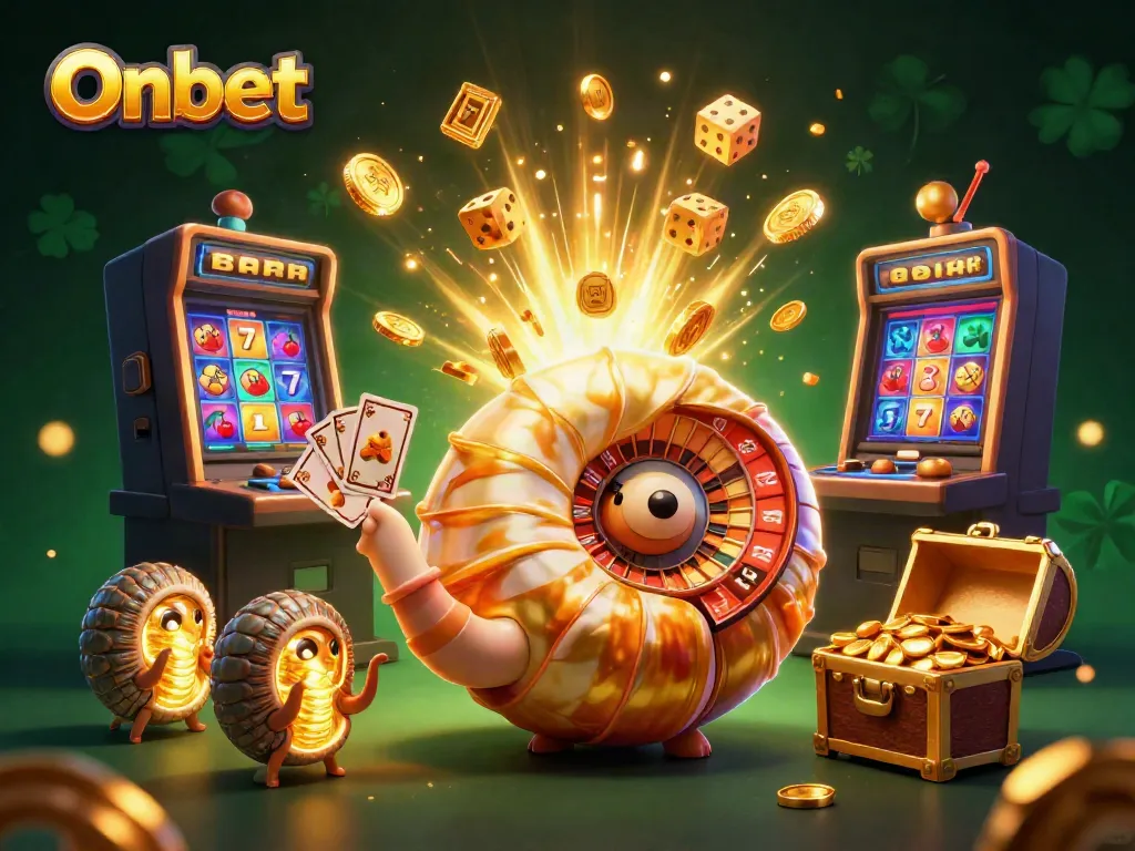 Experience exhilarating gameplay at Onbet with an ancient giant nautilus as a roulette wheel amidst a treasure-filled casino scene.