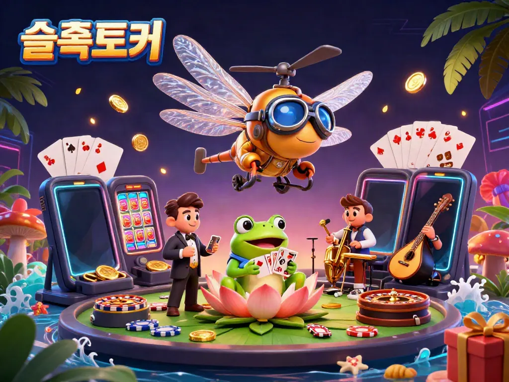 Experience the vibrant world of slots at 슬롯토커 with a dynamic scene showcasing gambling characters and elements.