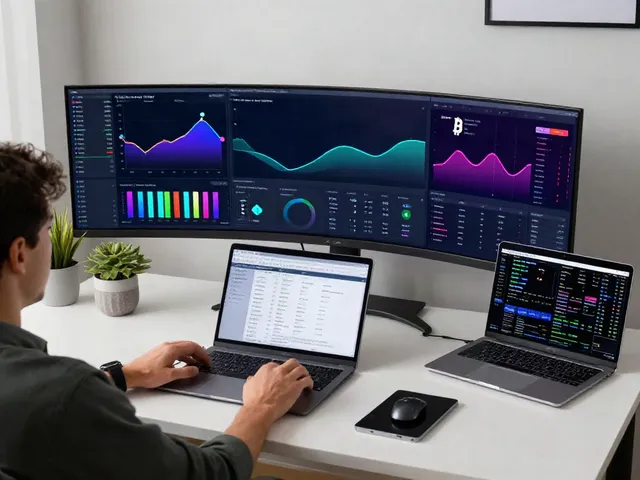 Crypto price API analytics displayed on modern trading setup with Bitcoin and Ethereum charts.