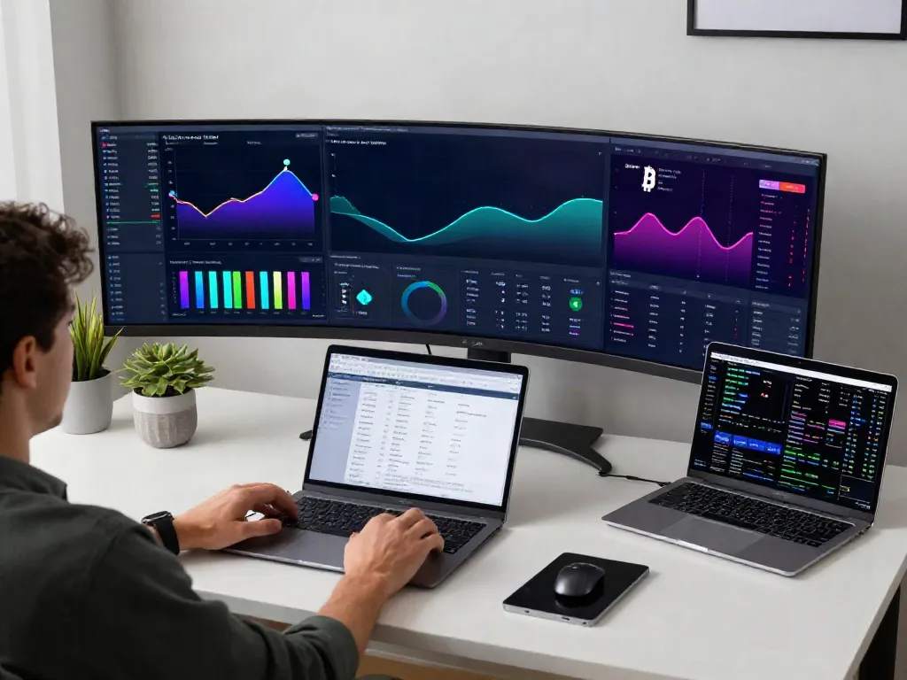 Crypto price API analytics displayed on modern trading setup with Bitcoin and Ethereum charts.
