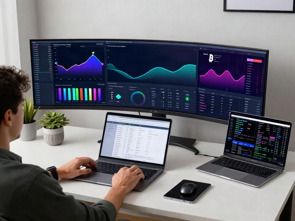 Crypto price API analytics displayed on modern trading setup with Bitcoin and Ethereum charts.