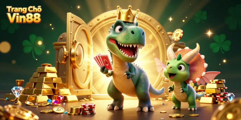 Play slots with exciting rewards at Trang Chủ Vin88 featuring T-Rex and friends amidst a treasure-filled casino.