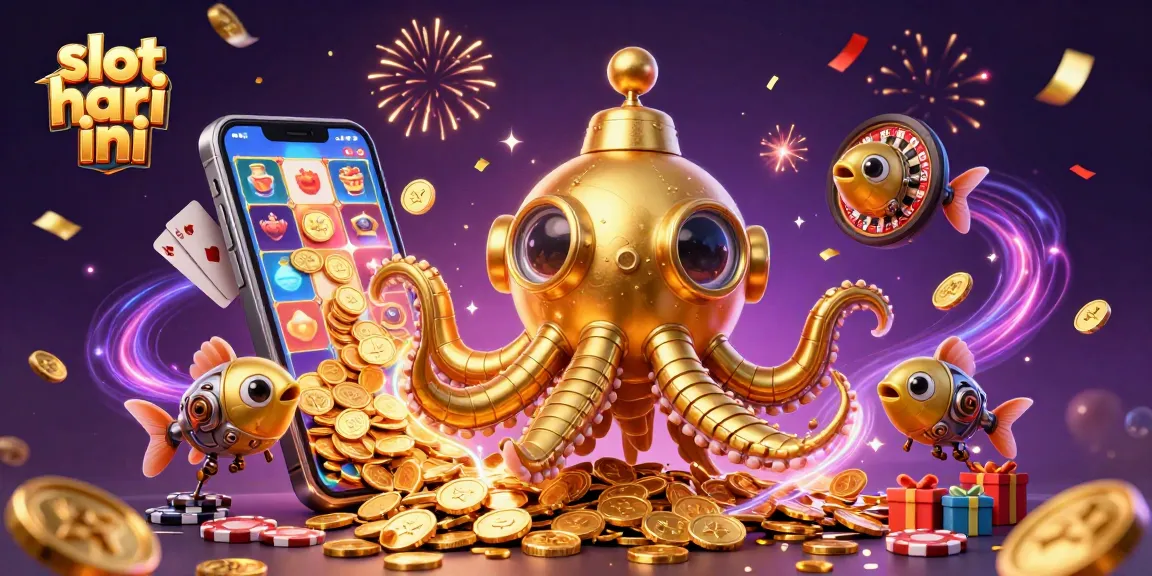 Menangkan slot hari ini dengan ilustrasi 3D yang menampilkan karakter kasino dan permainan slot.