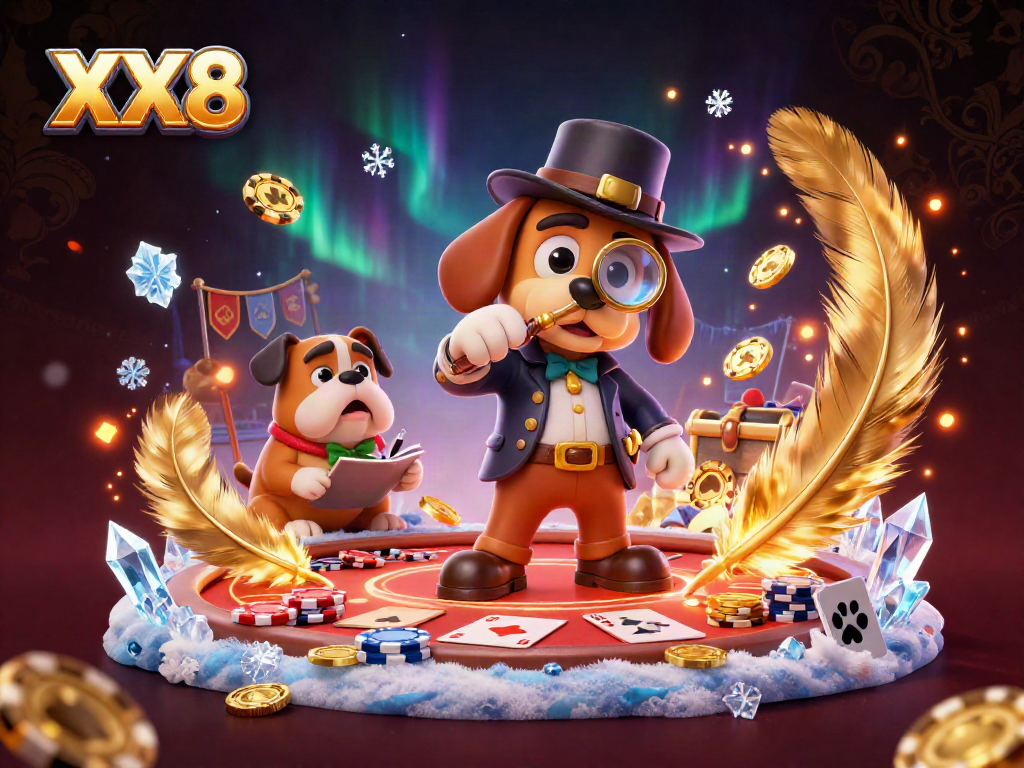 XX8 logo illustration showing a cartoon detective bloodhound examining poker clues in a vibrant casino setting