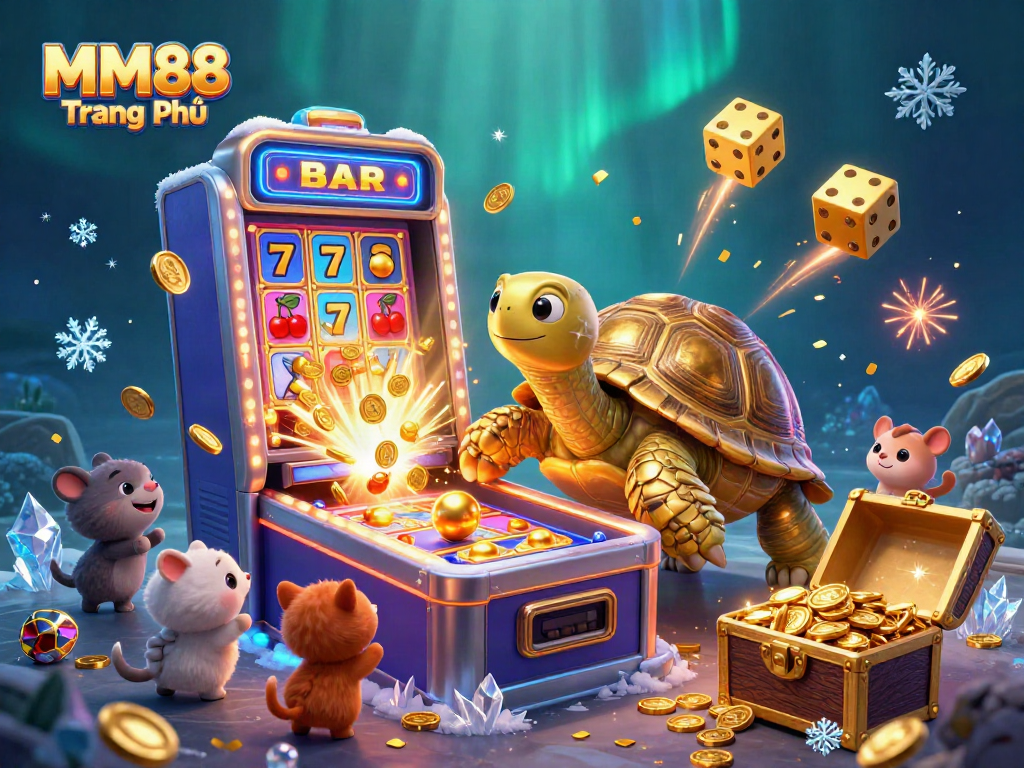Experience the thrill of MM88 Trang Chủ featuring a vibrant casino scene with golden treasures and lively characters.