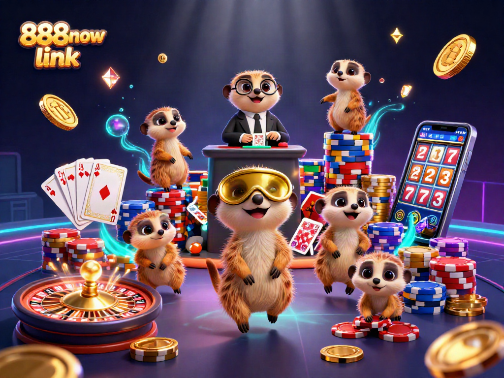 Engage with the thrilling 888now link casino scene featuring meerkats in action amidst colorful gaming elements.