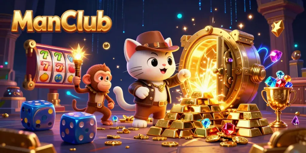 Experience thrilling gaming adventures at ManClub with amazing 3D illustrations of casino artifacts, slots, and treasures.