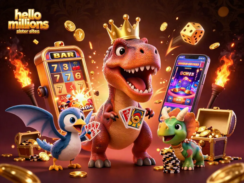 Play exciting games at hello millions sister sites with colorful 3D characters and vibrant casino elements.