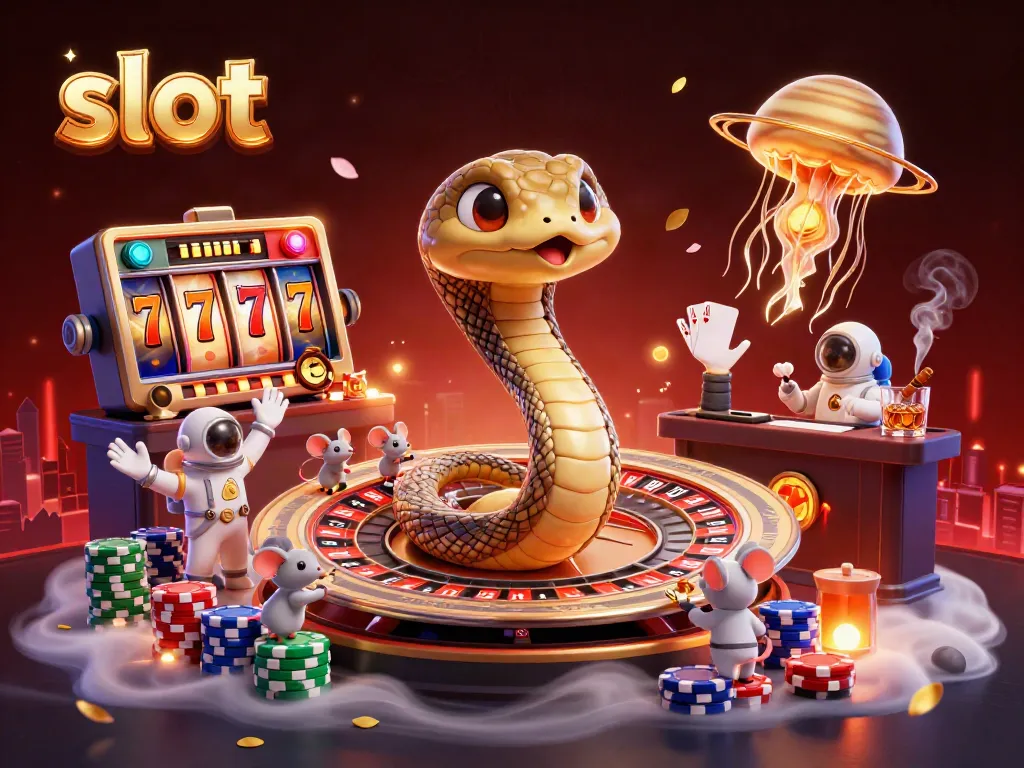 Engaging slot gaming scene with a coiled Saturn ring snake, astronaut mice placing bets, and a cosmic dealer.