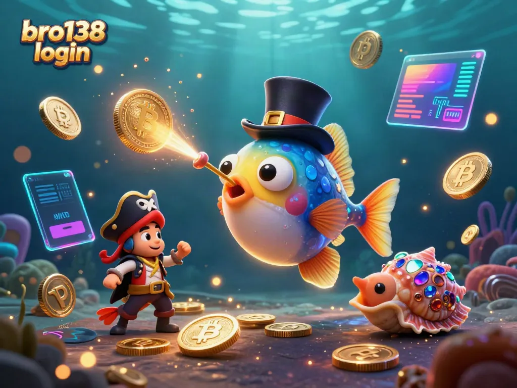 Experience seamless gameplay with bro138 login through animated glowing coins and lively sea characters.