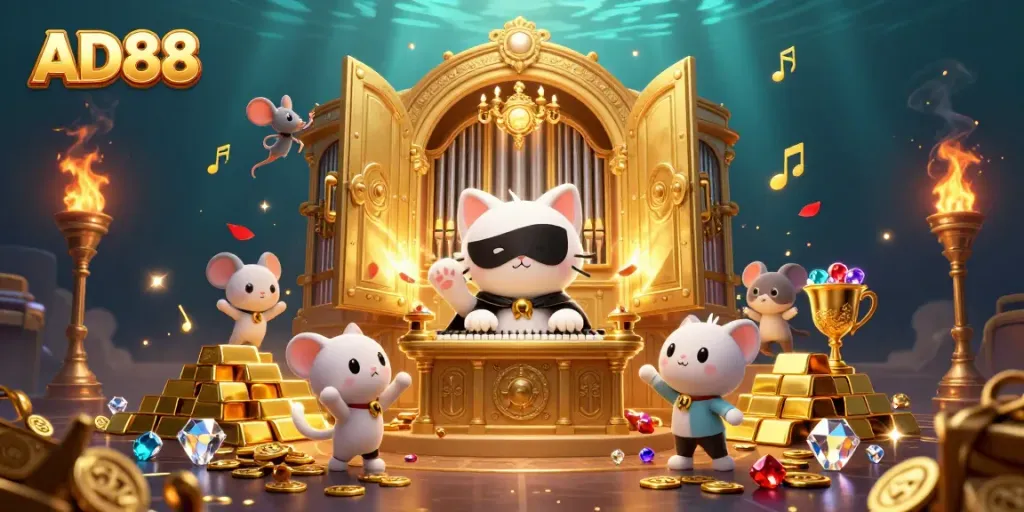 Experience the thrill of winning at AD88 with a magical casino scene featuring iconic characters and rich treasures.