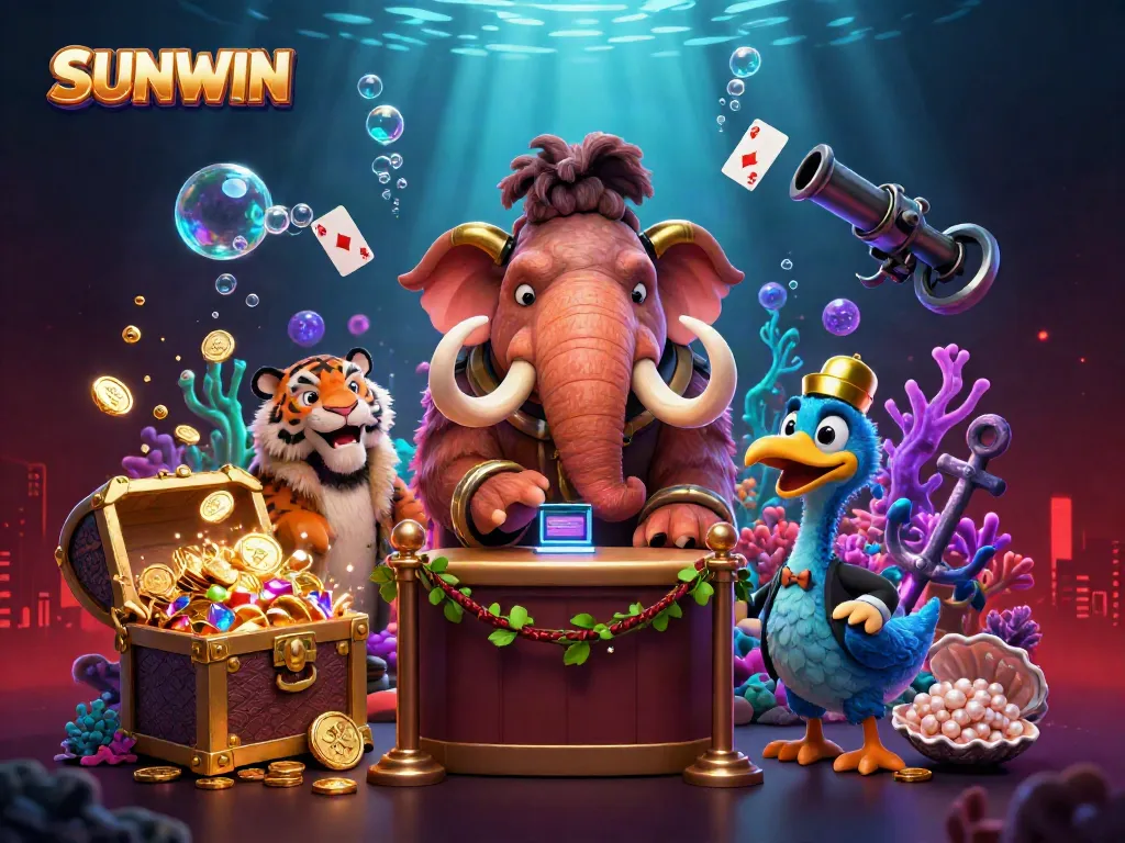 Experience SUNWIN with a vibrant scene showcasing a woolly mammoth bouncer, saber-tooth VIP, and colorful gaming elements.