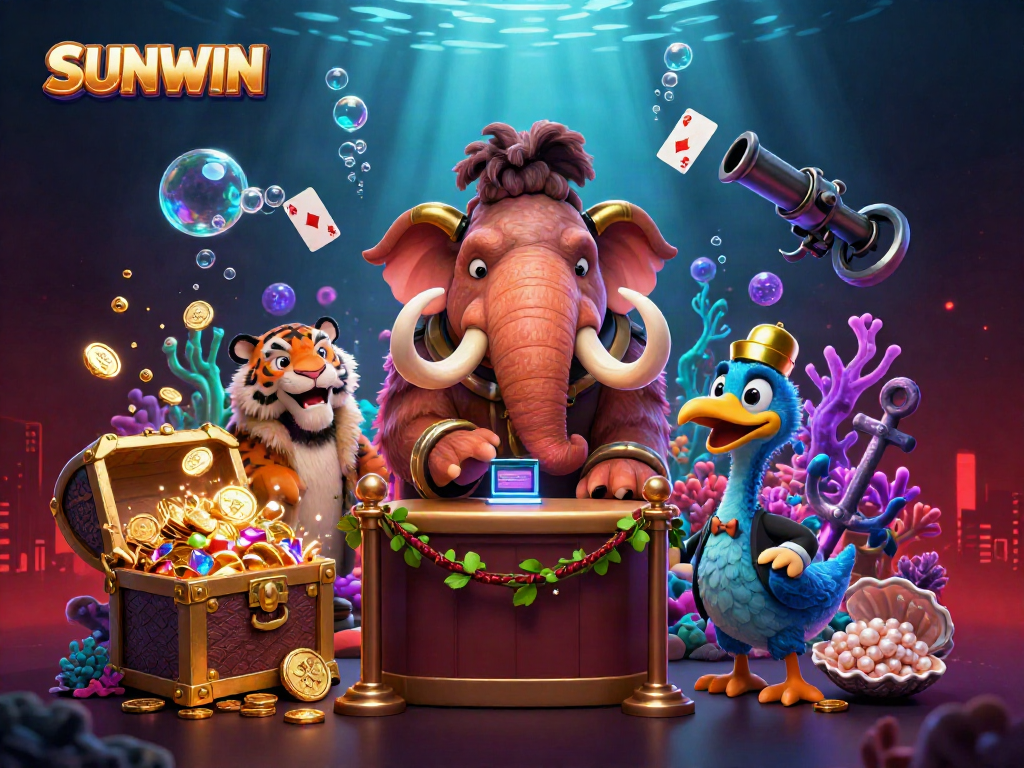 Experience SUNWIN with a vibrant scene showcasing a woolly mammoth bouncer, saber-tooth VIP, and colorful gaming elements.